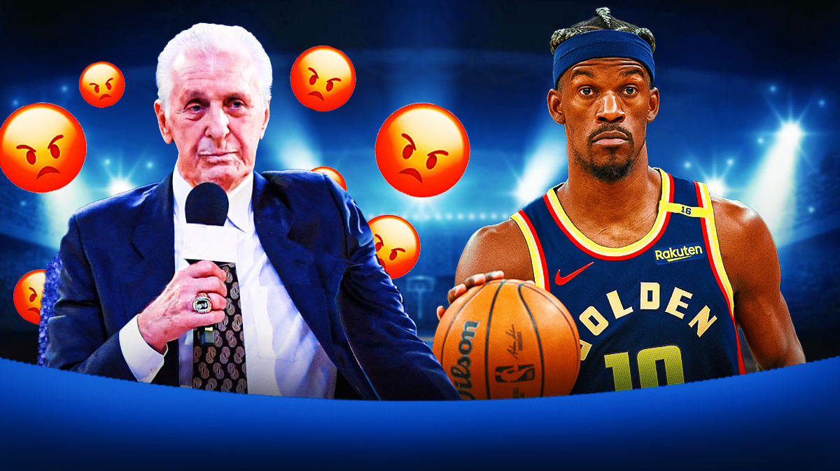 Heat president Pat Riley with angry emojis around him, and Jimmy Butler in a Warriors jersey.