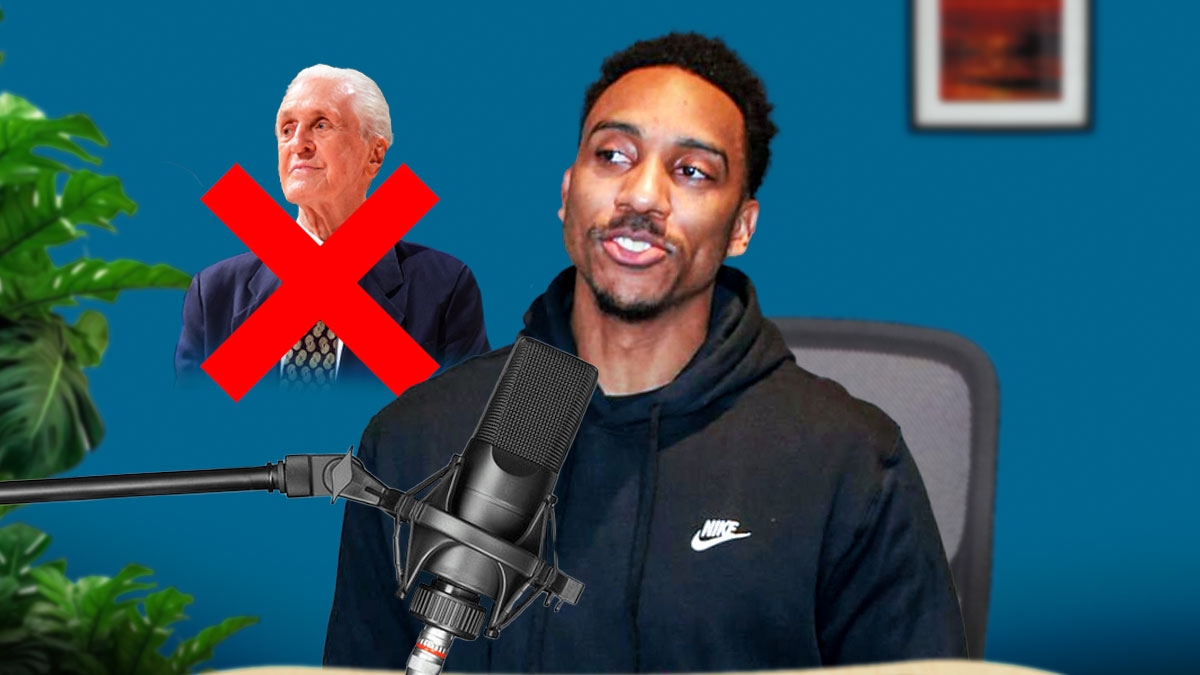 Jeff Teague with a podcast microphone in front of him, and Heat president Pat Riley with a big, red X going through him.