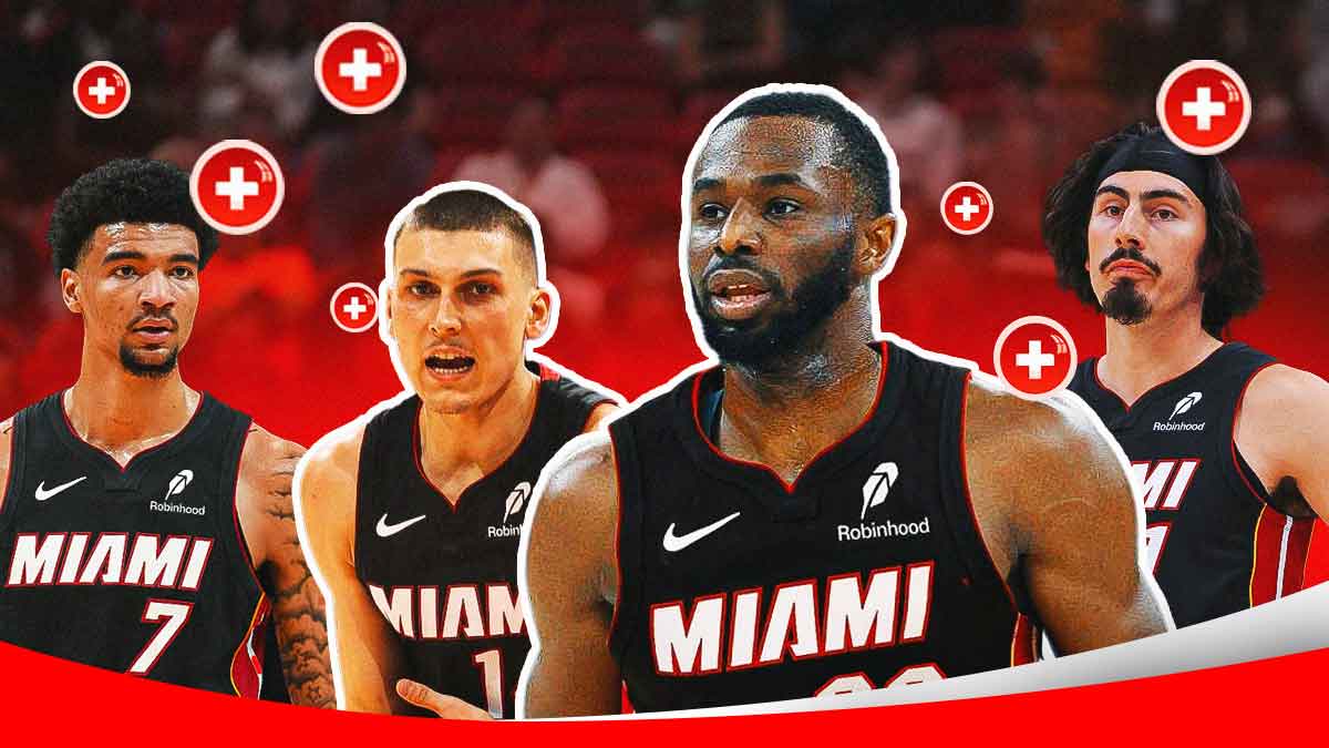 Miami Heat stars Tyler Herro and Andrew Wiggins in the center with Kel'el Ware and Jaime Jaquez Jr. on either side with injury signs around them in front of Kaseya Center.