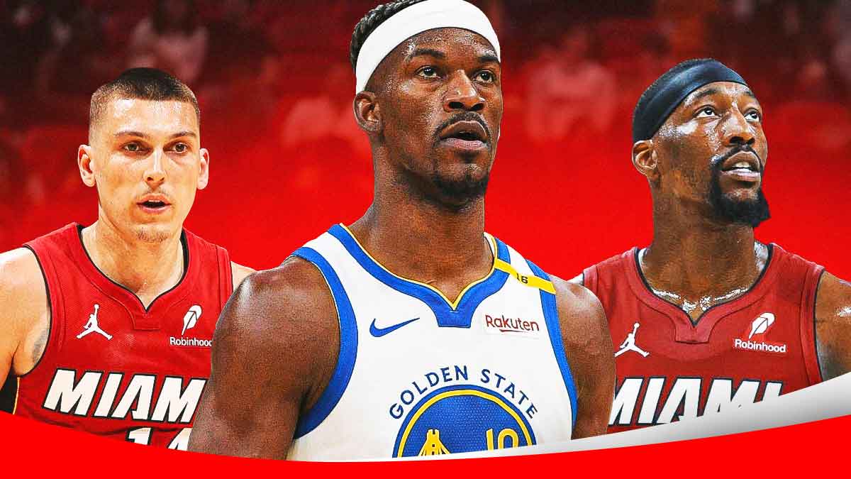 Former Miami Heat star Jimmy Butler in the middle with Tyler Herro and Bam Adebayo on either side in front of Kaseya Center.