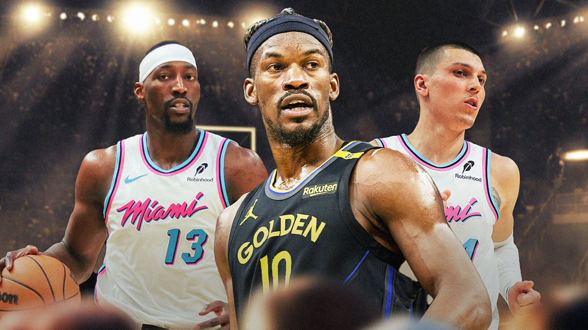 Former Miami Heat star Jimmy Butler in the middle with Tyler Herro and Bam Adebayo on either side in front of Kaseya Center.