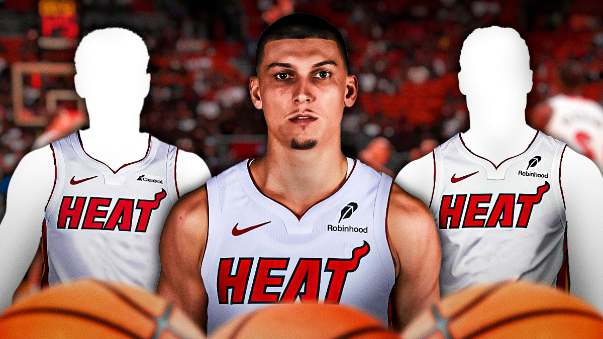 Miami Heat star Tyler Herro in the middle with silhouettes of Davion Mitchell and Haywood Highsmith on either side in front of Kaseya Center.