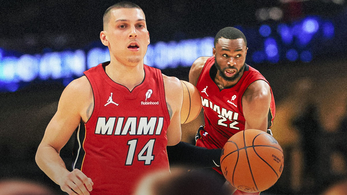 Miami Heat stars Tyler Herro and Andrew Wiggins in front of Kaseya Center.