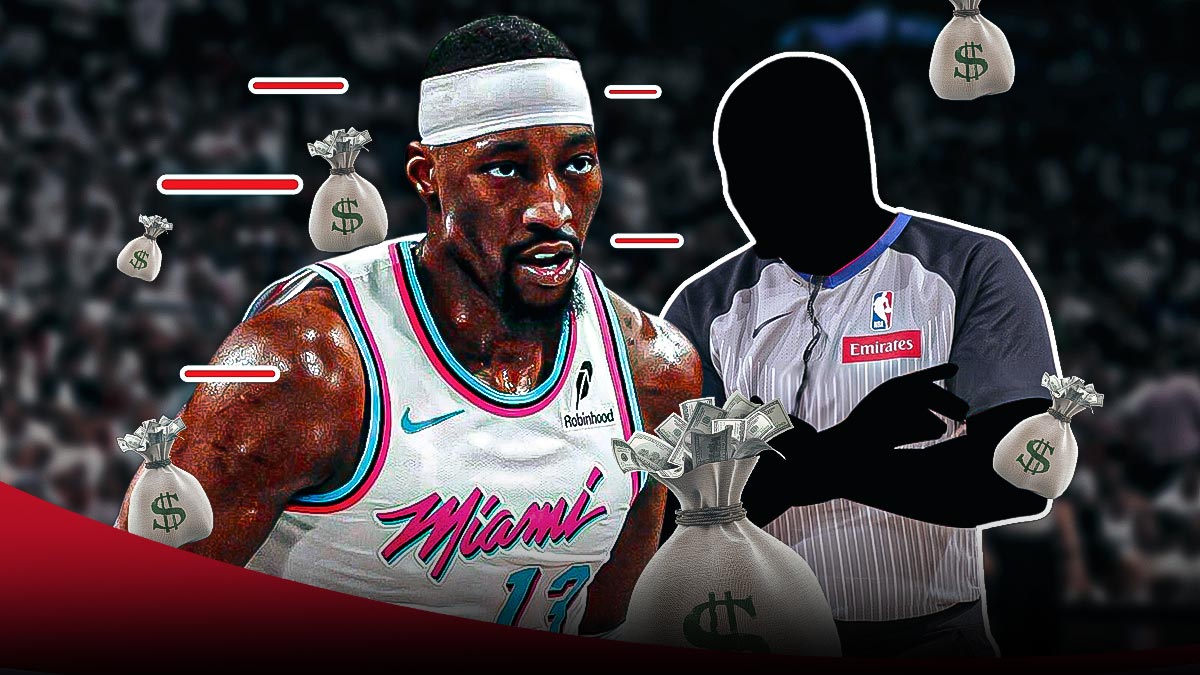 Heat forward Bam Adebayo with a silhouette of an NBA official, and money bags and red minus signs around Adebayo