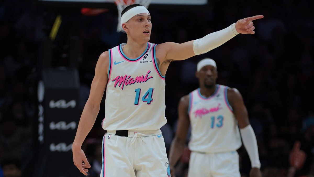 Miami Heat guard Tyler Herro (14) reacts after scoring against the Indiana Pacers during the third quarter at Kaseya Center.