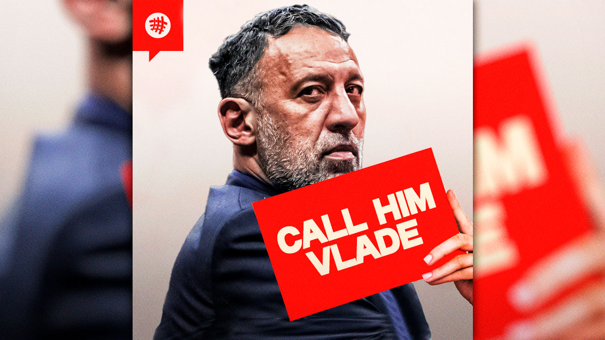 A spoof of the show poster for the popular "Call Her Daddy" podcast, with Vlade Divac in place of Alex Cooper, and "Call Him Vlade" in place of "Call Her Daddy".