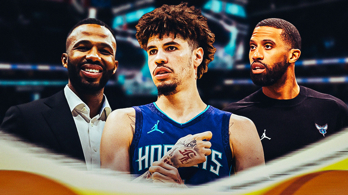 Have LaMelo Ball with his hands on hips. Have Hornets GM Jeff Peterson on his back right and coach Charles Lee on his back left.