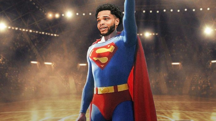 Hornets forward Miles Bridges in a photoshopped Superman outfit blocking a shot
