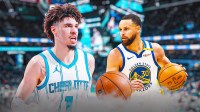LaMelo Ball next to Steph Curry on the Hornets court.