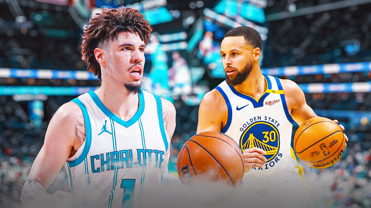 LaMelo Ball next to Steph Curry on the Hornets court.