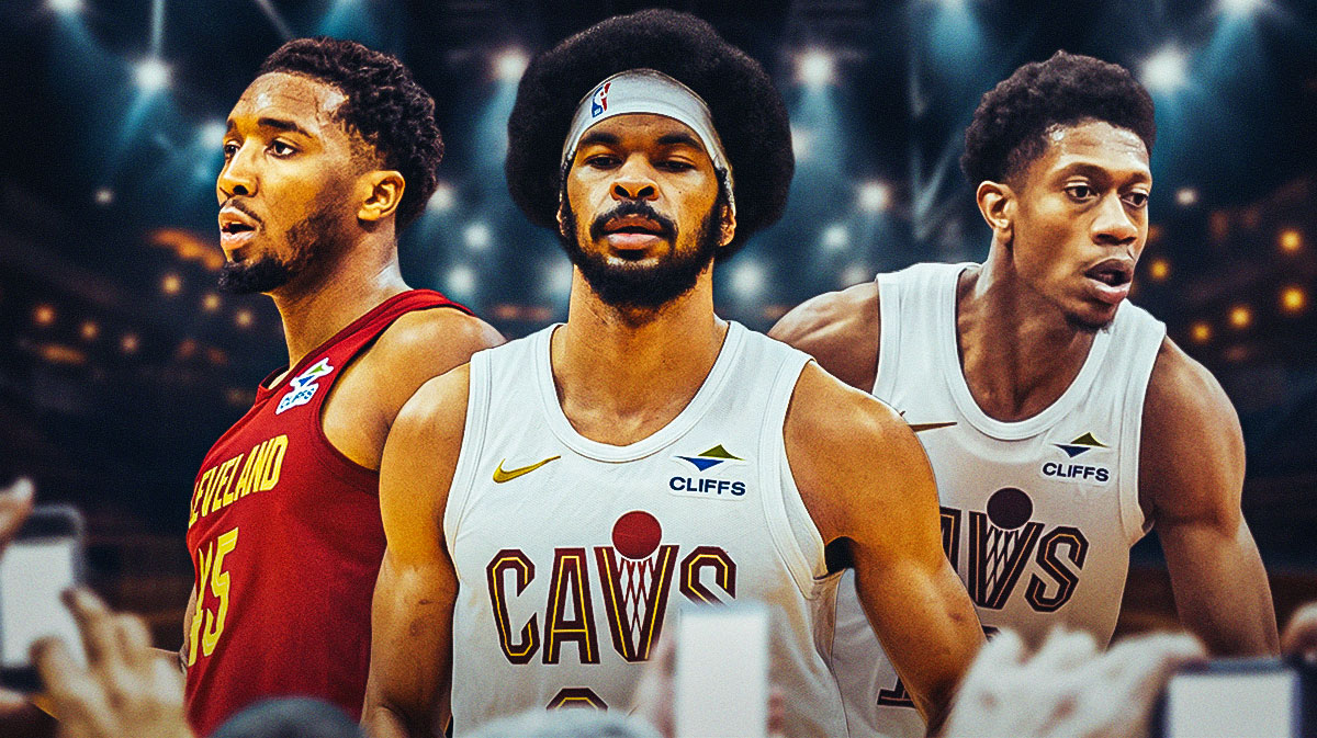 Jarrett Allen standing in between Donovan Mitchell and De'Andre Hunter featuring a Cavs-Magic-themed BG.