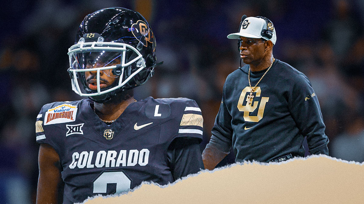 Deion Sanders and Shedeur Sanders in front of the Colorado football stadium.