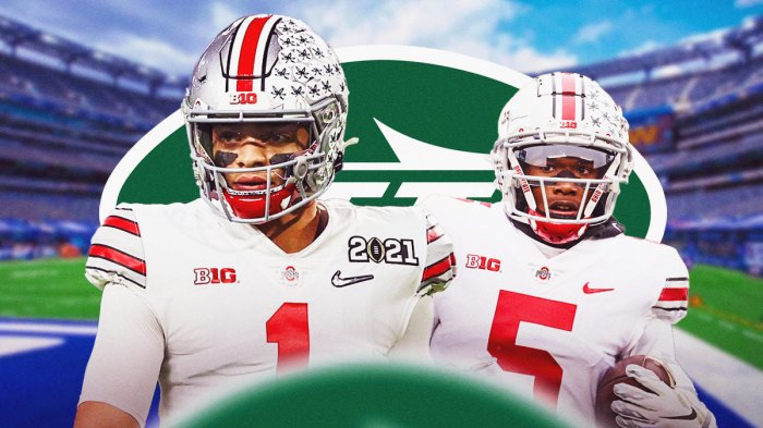 Big Jets logo behind Garrett Wilson and Justin Fields in OHIO STATE uniforms. Background is MetLife Stadium.