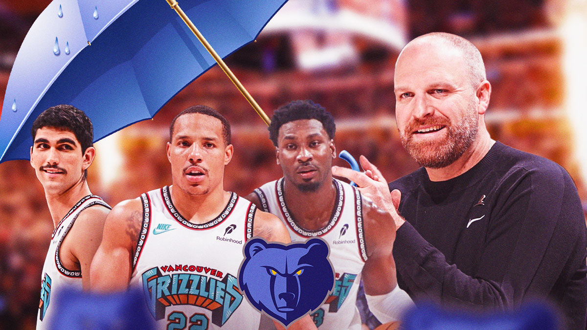 Taylor Jenkins, Santi Aldama, Desmond Bane, Jaren Jackson Jr. Grizzlies logo