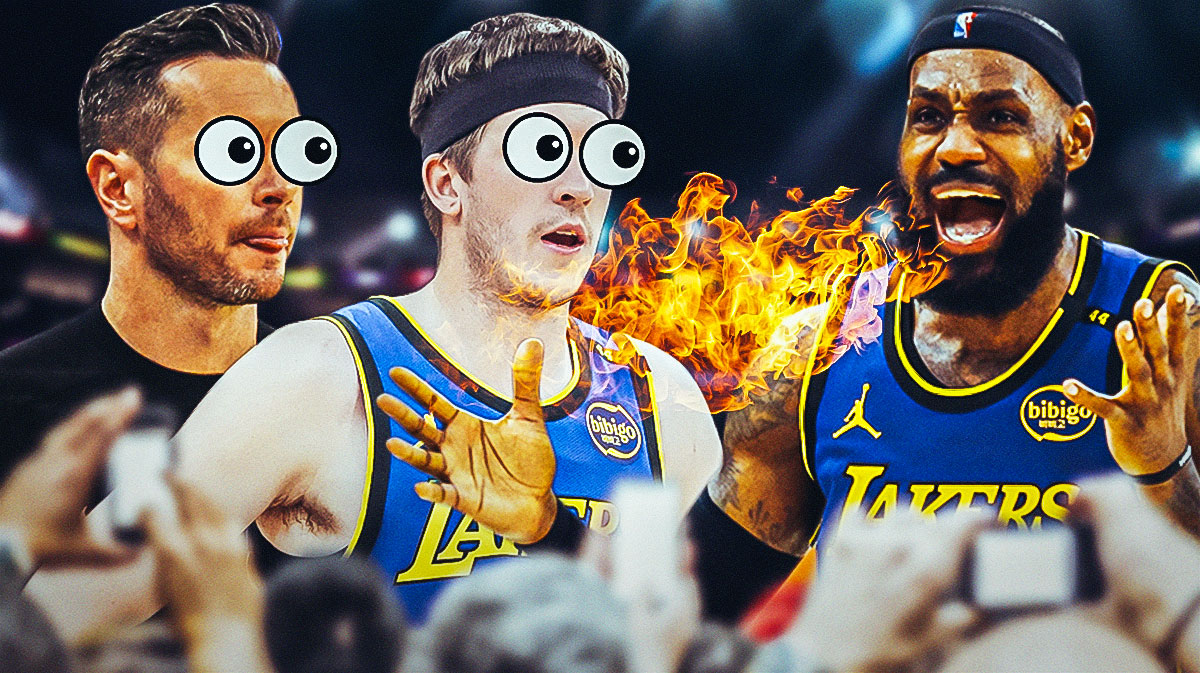 LeBron James on one side breathing fire, JJ Redick and Austin Reaves on the other side with the big eyes emoji over their faces