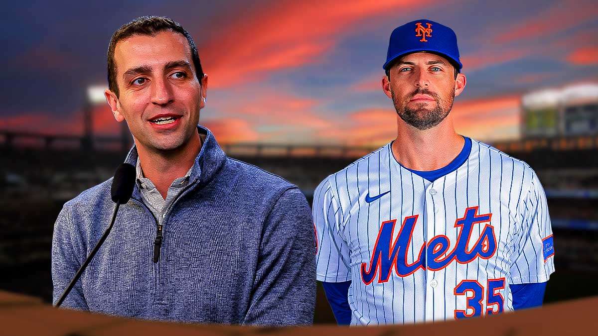New York Mets president of baseball operations David Stearns and Clay Holmes in a Mets uniform as the mets landed holmes as a free agent.