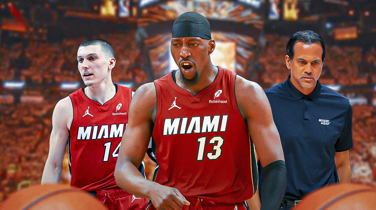 Miami Heat star Bam Adebayo in the center with Tyler Herro and Erik Spoelstra on either side in front of Kaseya Center.
