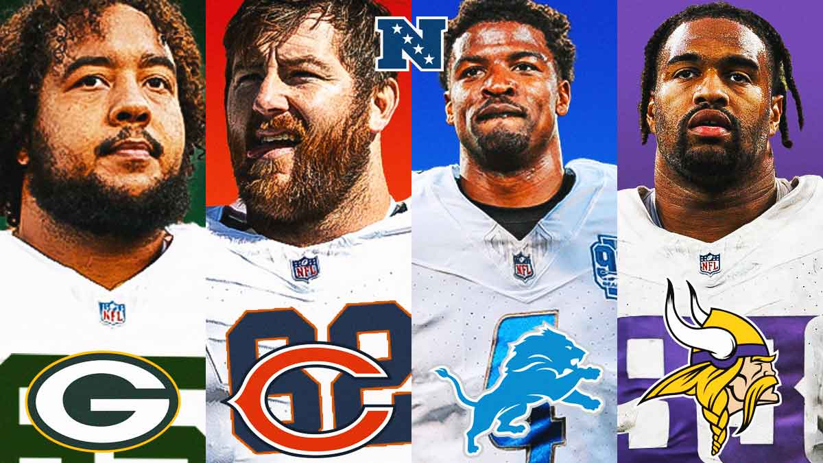 One corner is Aaron Banks (Number 65) photoshopped in Packers jerseys with Packers logo in front of him. Another corner is Joe Thuney (number 62) photoshopped in Bears jerseys with Bears logo in front of him. A third corner is DJ Reed (number 4) photoshopped in Lions jersey with Lions logo in front of him. Final corner is Jonathan Allen (Number 93) pjhotoshopped in Vikings jersey with Vikings logo in front of him. NFC North logo in the middle.