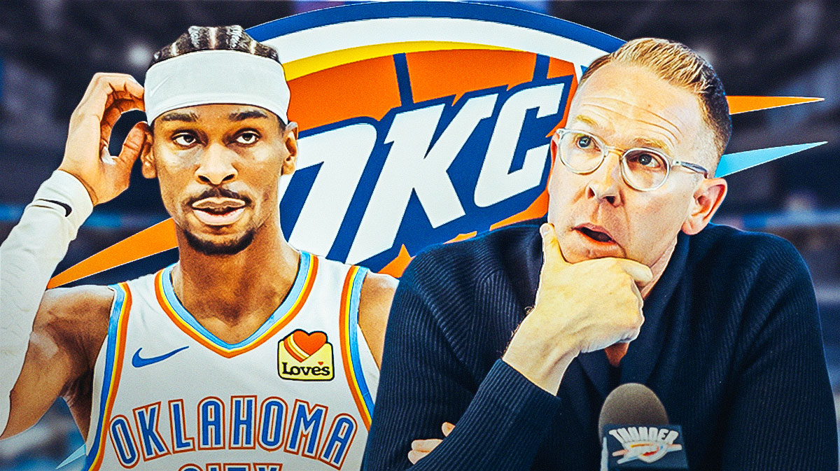 Thunder All-Star Shai Gilgeous-Alexander next to Thunder GM Sam Presti with the Thunder logo in the background