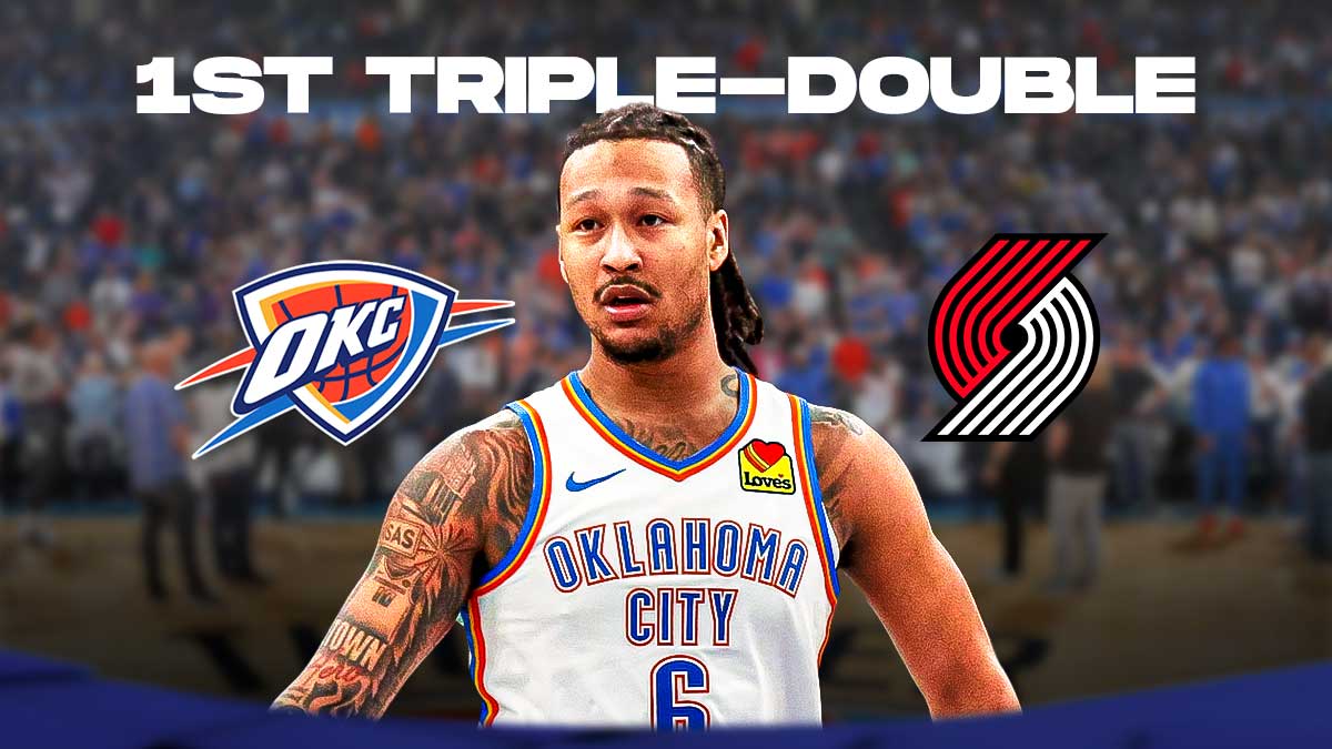 Thunder center Jaylin Williams with the Thunder and Trail Blazers logos next to him and the words 1st Triple-Double in the background
