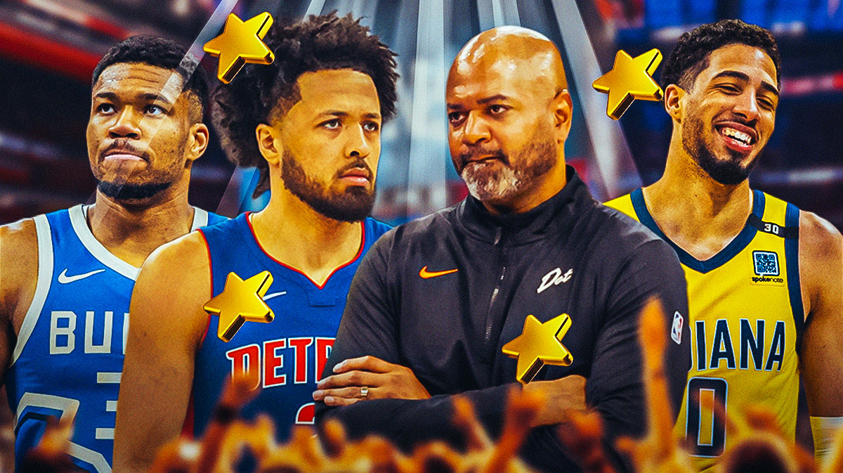 Pistons' Cade Cunningham and JB Bickerstaff in sun light and stars. Pacers' Tyrese Haliburton and Bucks' Giannis Antetokounmpo
