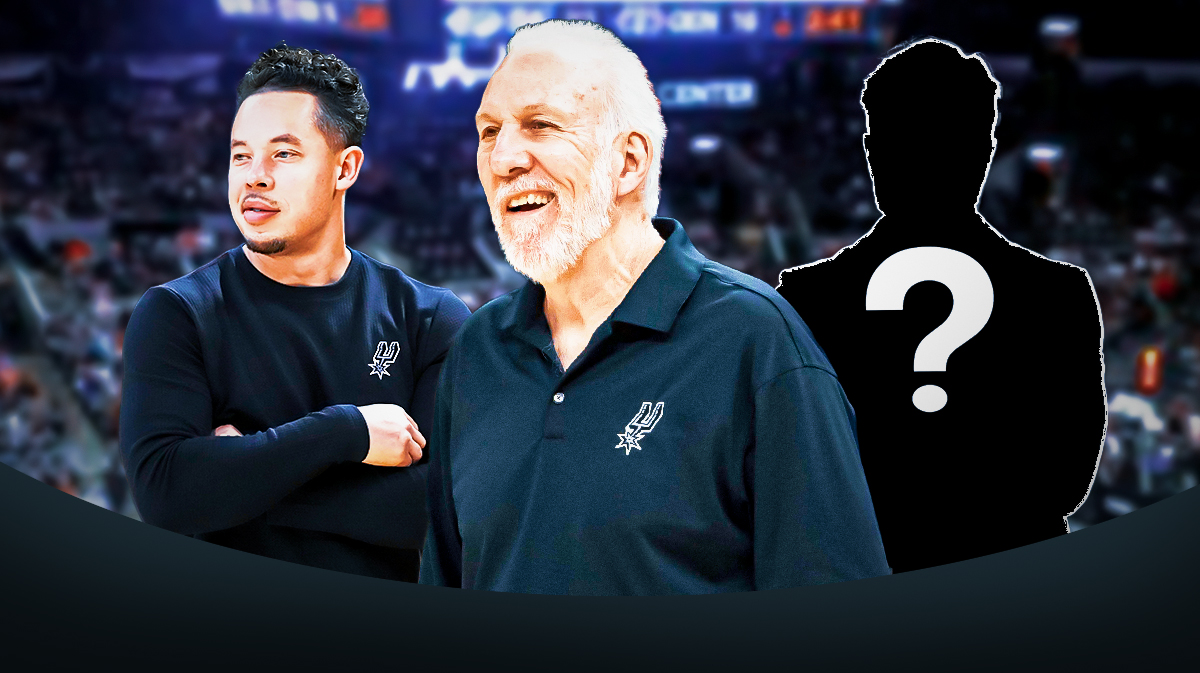 Spurs' Gregg Popovich next to Mitch Johnson and question mark person