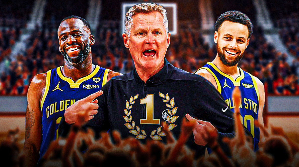 Warriors' Steve Kerr #1 next to Stephen Curry and Draymond Green