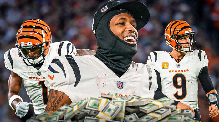 Tee Higgins in the middle smiling with a pile of cash in front of him. Joe Burrow on the left and Ja'Marr Chase on the right both on fire and hyped up.