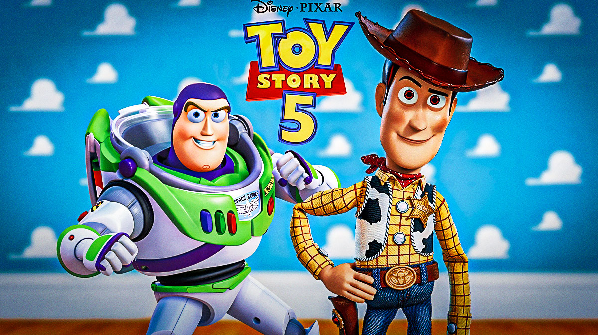 Toy Story 5 logo from Pixar with Buzz Lightyear and Woody from the movies.