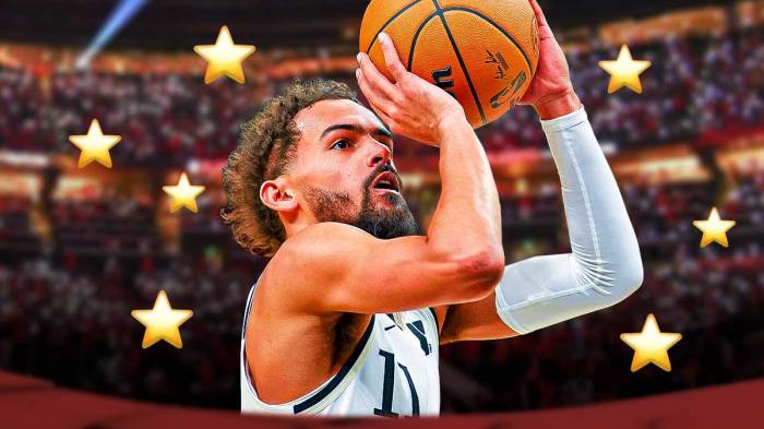 Trae Young shooting a free throw with stars around the picture.