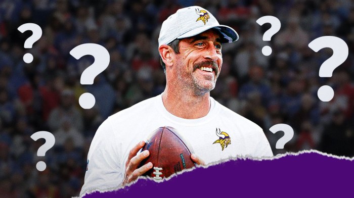 Aaron Rodgers in a Vikings jersey with question marks around the picture.