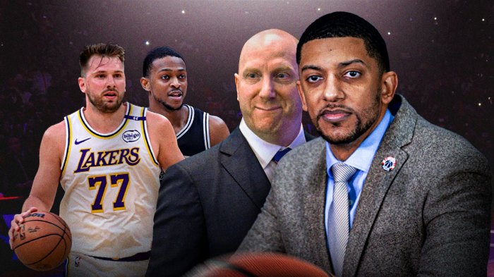 Will Dawkins and Michael Winger look at Luka Doncic (Lakers jersey) and De'Aron Fox (Spurs)