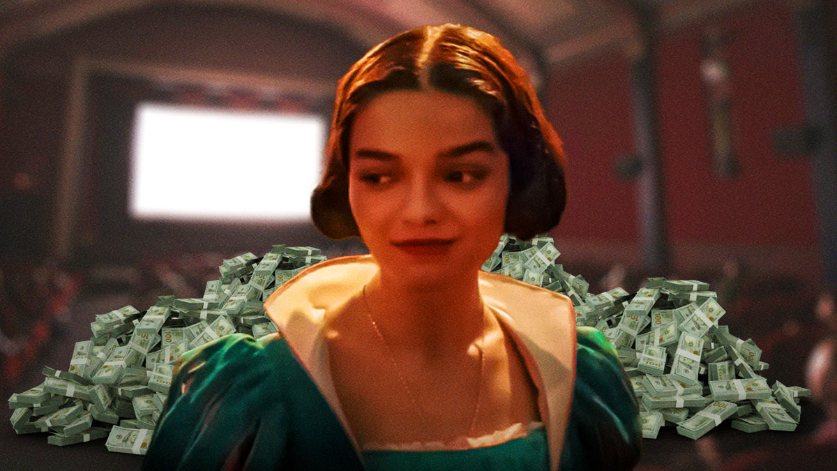 Rachel Zegler in Snow White, which has been a box office flop so far, with movie theater background.