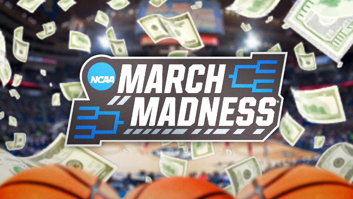 2025 NCAA March Madness Tournament logo with money falling all around.