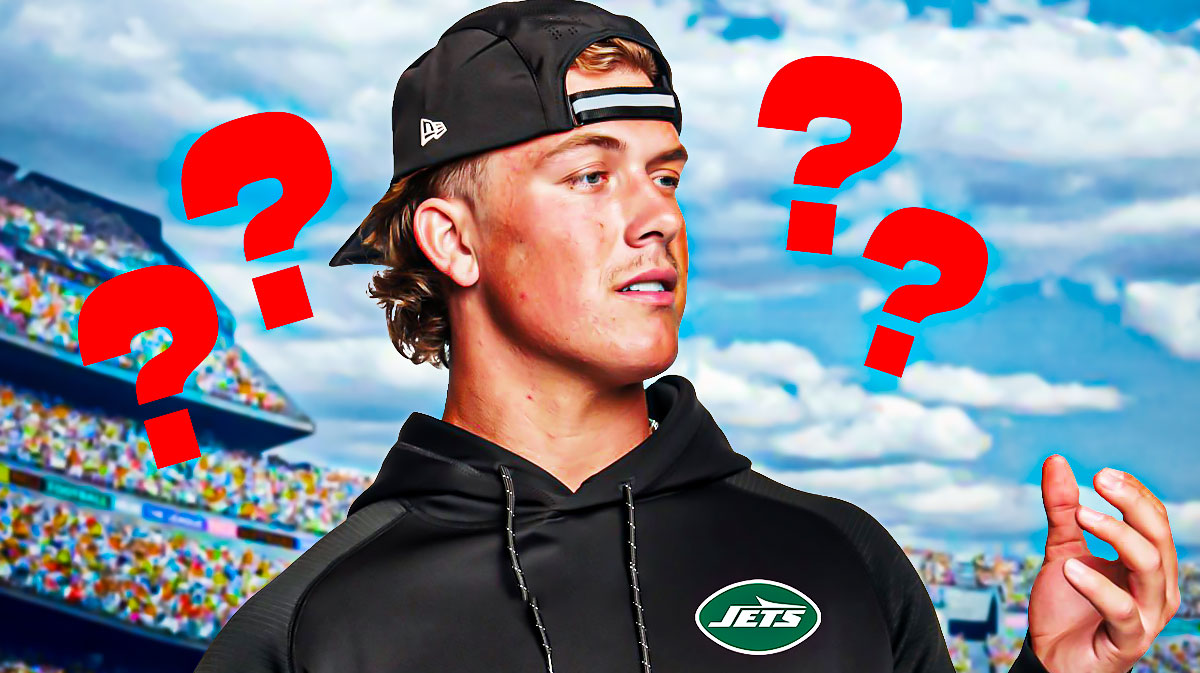 Jaxson Dart in a Jets jersey with question marks around the picture.