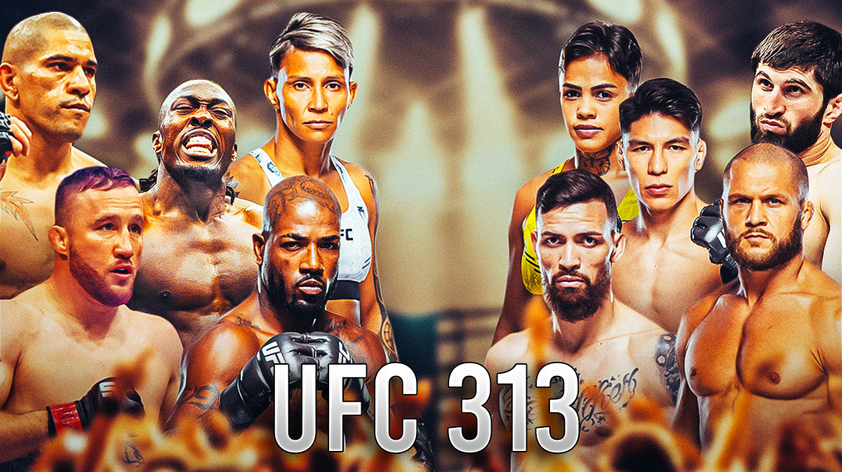 Background is a UFC octagon. "UFC 313" at bottom of graphic. From center to left is Alex Pereira, Justin Gaethje, Jalin Turner, Amanda Lemos, King Green. From center to right is Magomed Ankalaev, Rafael Fiziev, Ignacio Bahamondes, Iasmin Lucindo, Mauricio Ruffy.