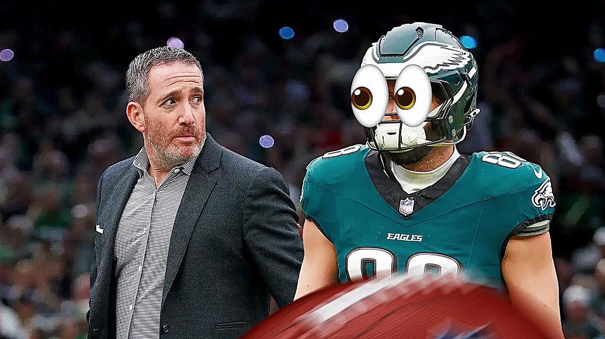 Howie Roseman on one side, Dallas Goedert on the other side with the big eyes emoji over his face