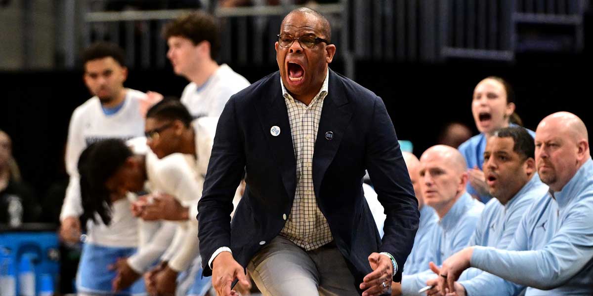 North Carolina Tar Heels head coach Hubert Davis during the first half of a first round NCAA men’s tournament game against the Mississippi Rebels at Fiserv Forum. Mandatory Credit: Benny Sieu-Imagn Images