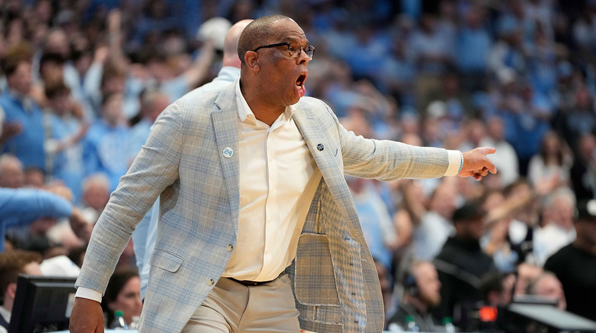 North Carolina Tar Heels head coach Hubert Davis reacts in the first half at Dean E. Smith Center.