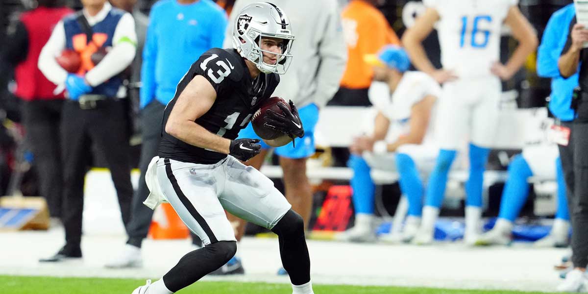 Las Vegas Raiders wide receiver Hunter Renfrow (13) runs against the Los Angeles Chargers in the first quarter at Allegiant Stadium. Mandatory Credit: Stephen R. Sylvanie-Imagn Images