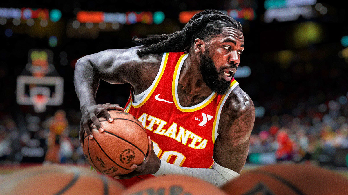 NBA player Kevon Harris in an Atlanta Hawks jersey with the Hawks arena in the background, roster signing