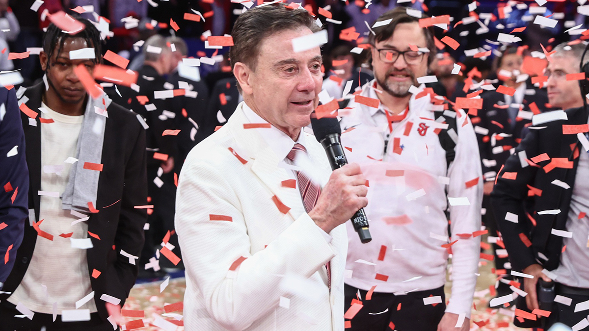 St. John's Red Storm head coach Rick Pitino addresses the fans after winning the Big East Regular Season Championship at Madison Square Garden.