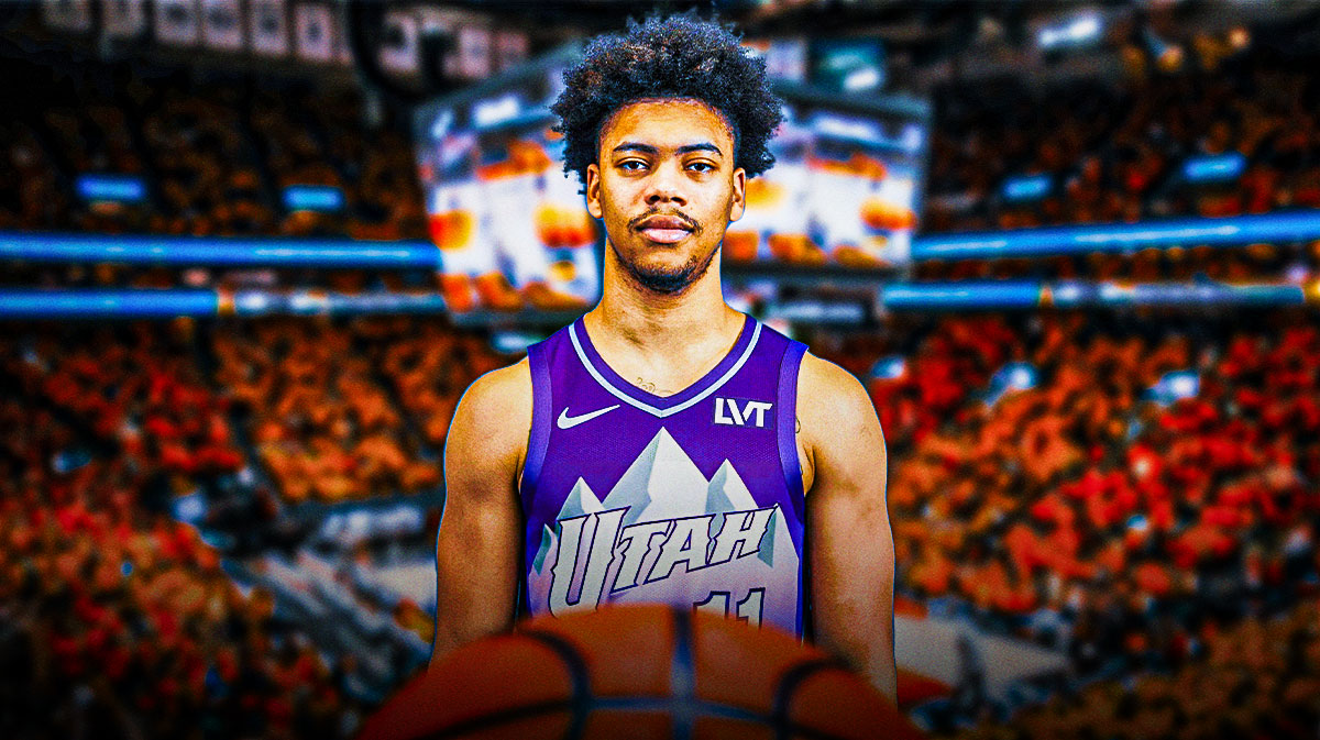 Utah Jazz player Jaden Springer with the Utah Jazz arena in the background, roster signing