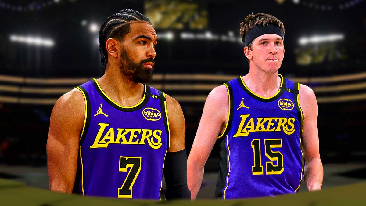 LA Lakers player Gabe Vincent alongside LA Lakers player Austin Reaves. Have the Lakers arena in the background. Injury