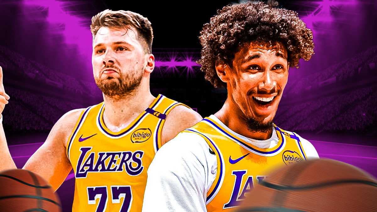 LA Lakers players Luka Doncic and Jaxson Hayes with the Lakers arena in the background