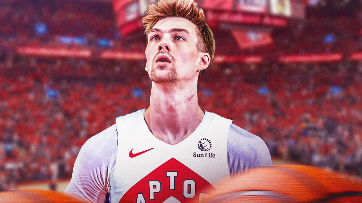 NBA player Colin Castleton in a Toronto Raptors jersey with the Raptors arena in the background, roster move