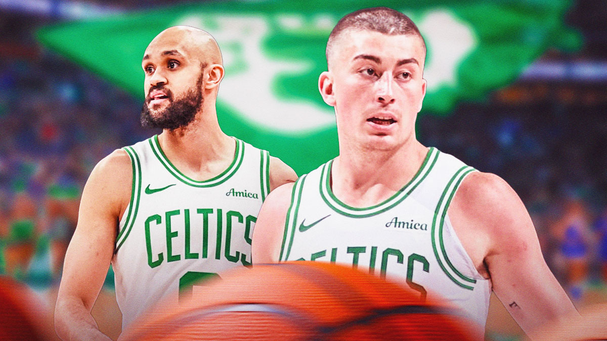 Boston Celtics players Derrick White and Payton Pritchard with the Celtics arena in the background, history