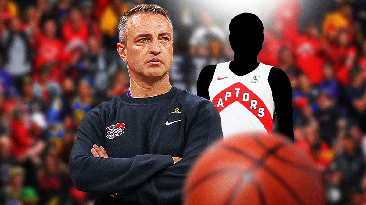 Toronto Raptors coach Darko Rajakovic alongside a shadowy player in a Toronto Raptors jersey, Jakob Poeltl tanking season