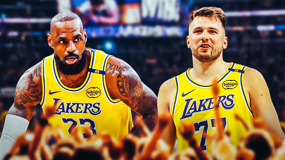 LA Lakers players LeBron James and Luka Doncic with the Lakers arena in the background Carmelo Anthony