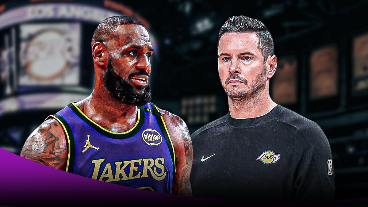 LA Lakers coach JJ Redick alongside LA Lakers player LeBron James. Have the Lakers arena in the background coach win streak